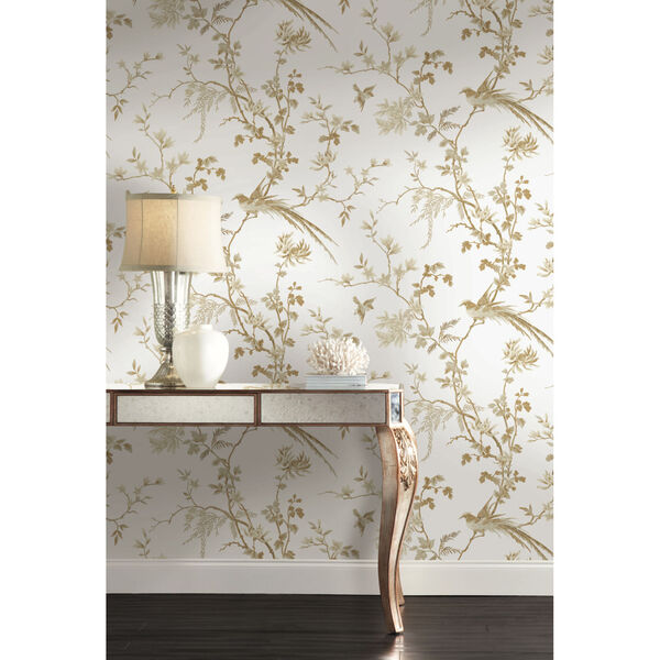 Ronald Redding 24 Karat White and Gold Bird And Blossom Chinoserie Wallpaper, image 1