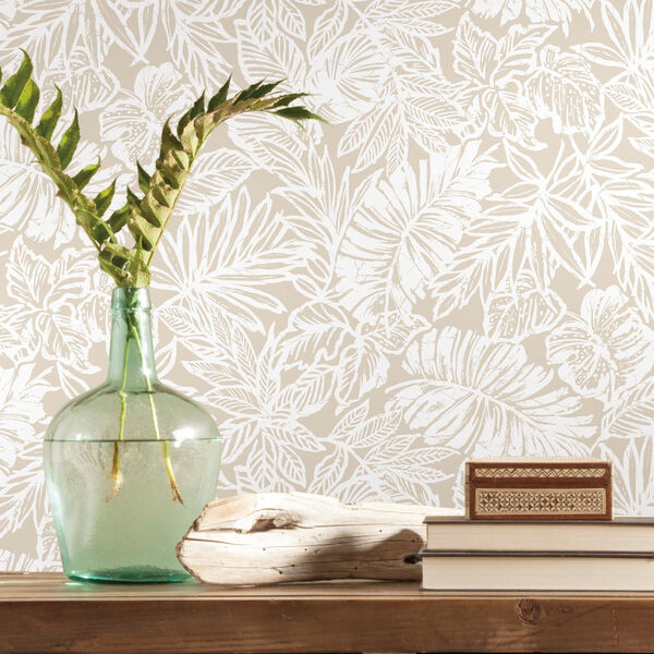 Batik Tropical Leaf Beige Peel And Stick Wallpaper – SAMPLE SWATCH ONLY, image 2