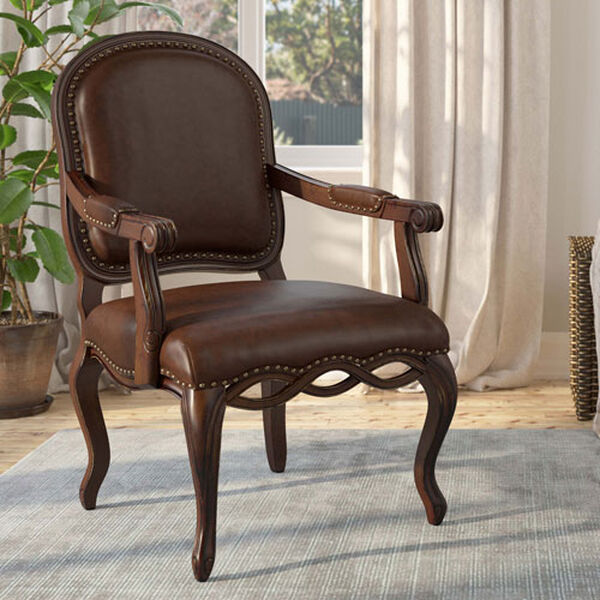 Brown Bonded Leather Chair with Elegant Detailed Carvings with Nail Head Trim, image 3