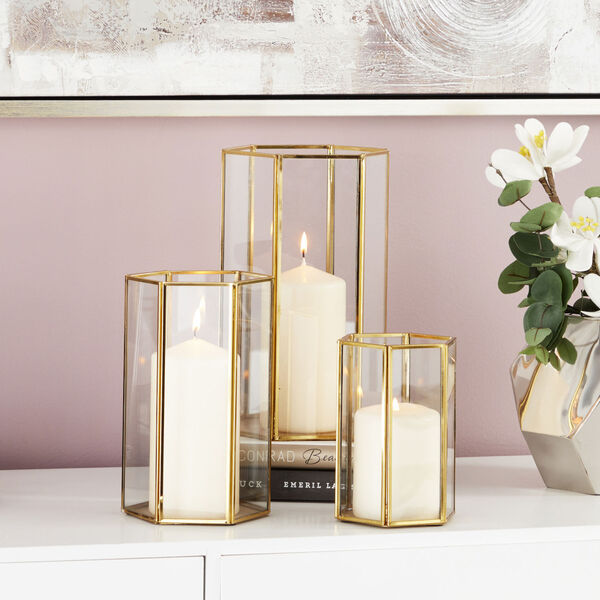 Gold Glass Candle Lanterns, Set of 3, image 1