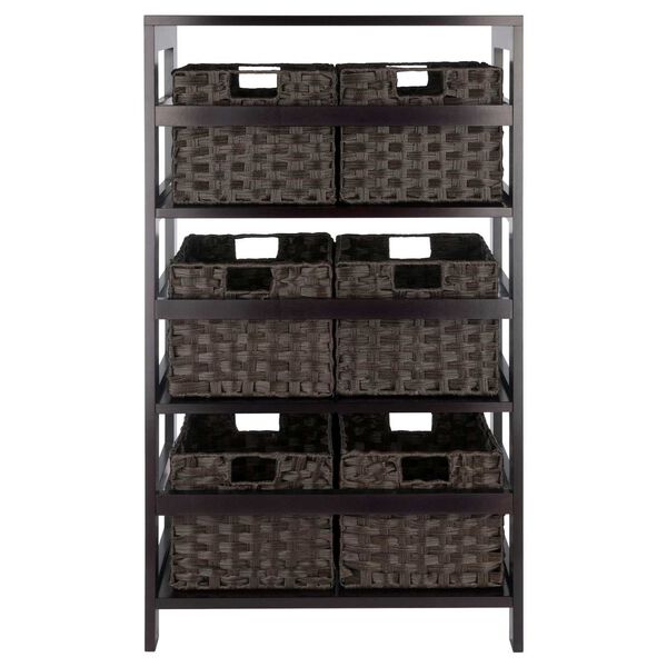 Leo Espresso Storage Shelf with Six Foldable Woven Baskets, 7-Piece, image 5