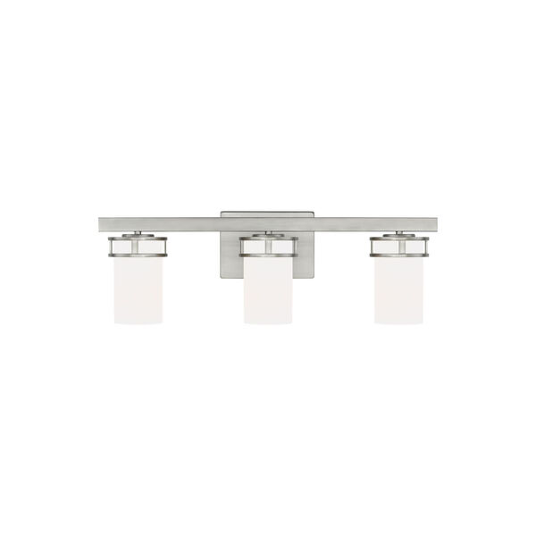 Robie Brushed Nickel Three-Light Bath Vanity with Etched White Inside Shade, image 1