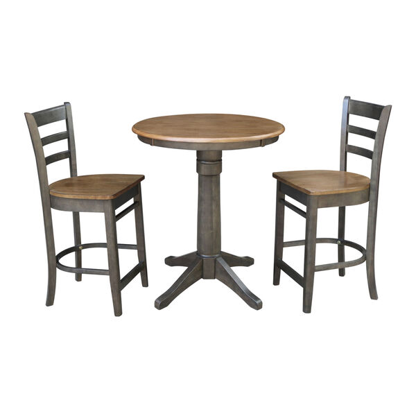 Emily Hickory and Washed Coal 30-Inch Round Pedestal Gathering Height Table With Counter Height Stools, Three-Piece, image 1