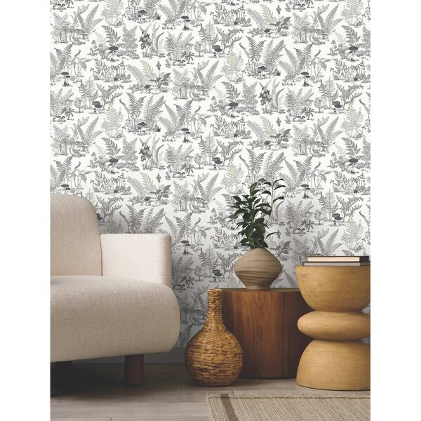 Mushroom Garden Toile Black Grey Wallpaper, image 1
