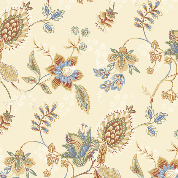 Jacobean Floral Blue, Ochre, Red and Green Wallpaper, image 1