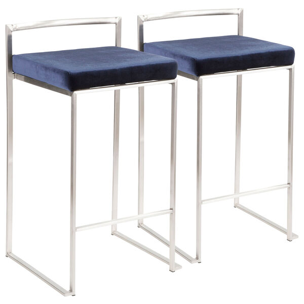 Fuji Stainless Steel and Blue 31-Inch Bar Stool, Set of 2, image 1