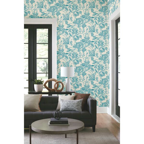 Brushstroke Floral Aqua Wallpaper, image 1