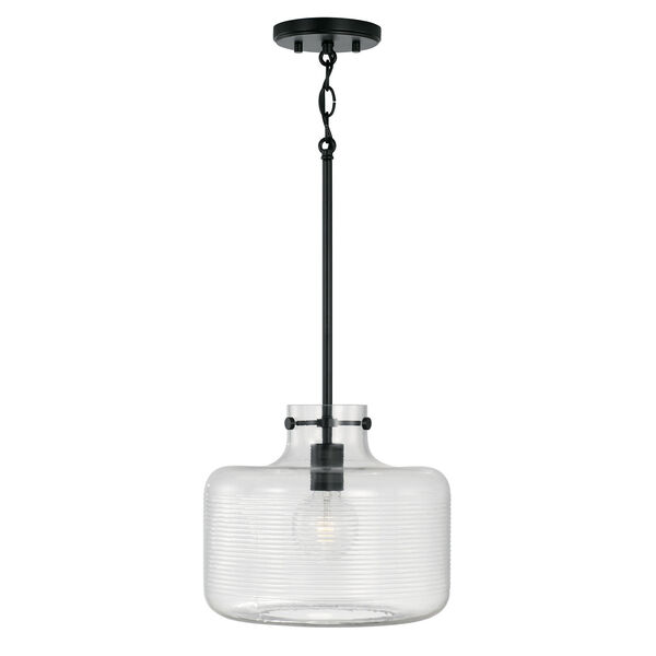 Brighton Matte Black One-Light Pendant with Clear Ribbed Glass, image 1