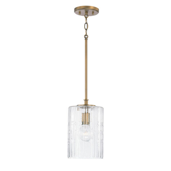 Emerson Aged Brass One-Light Mini Pendant with Embossed Seeded Glass, image 1