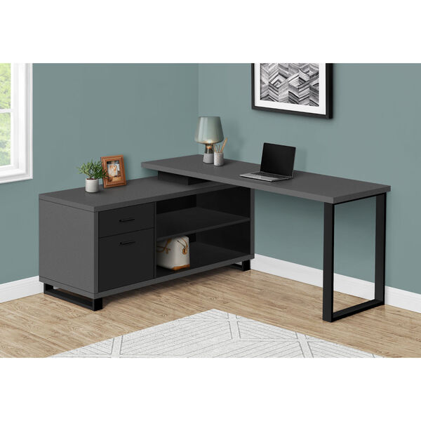 Dark Grey and Black Computer Desk with Drawers and Shelves, image 2