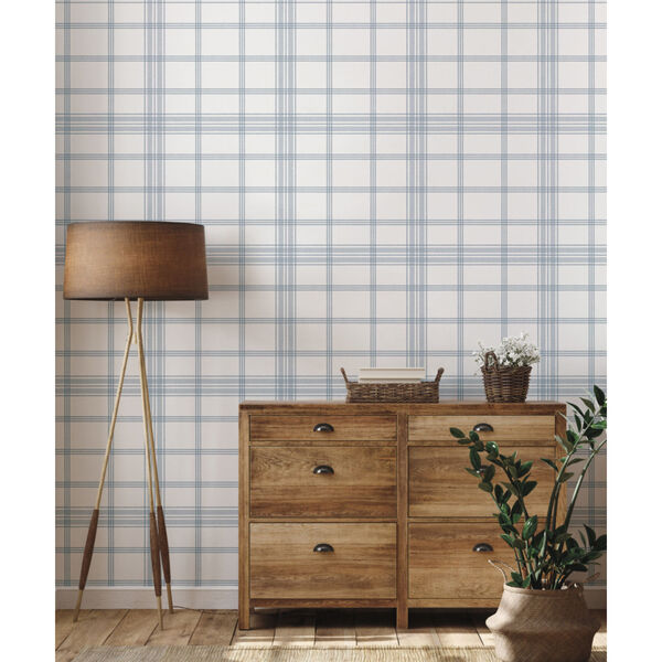 Waters Edge Blue Charter Plaid Pre Pasted Wallpaper, image 1