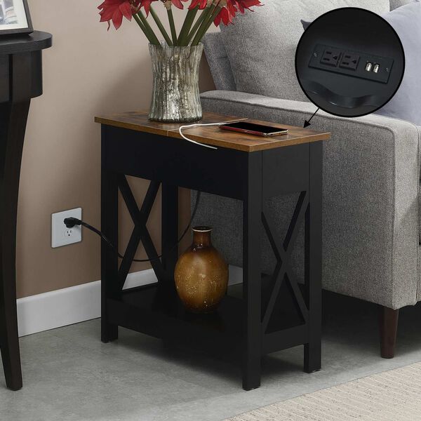 Oxford Barnwood Black Flip Top End Table with Charging Station and Shelf, image 2