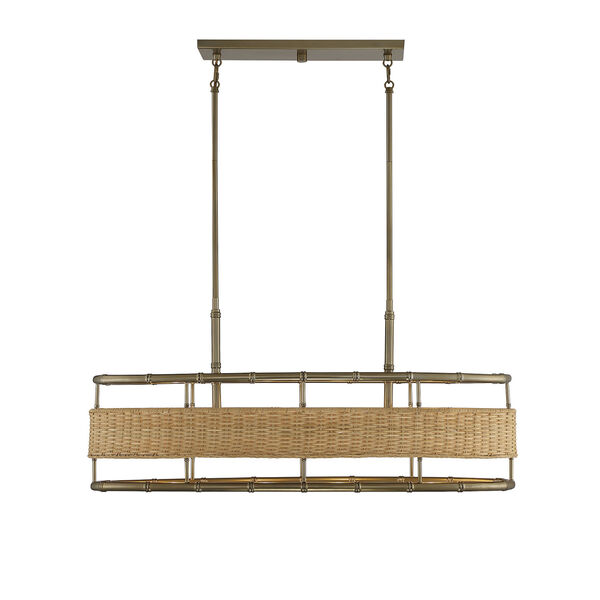 Arcadia Warm Brass and Natural Rattan Four-Light Chandelier, image 1