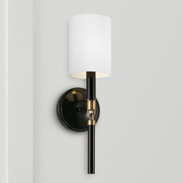 Beckham Glossy Black and Aged Brass One-Light Wall Sconce with White Fabric Stay Straight Shade, image 3
