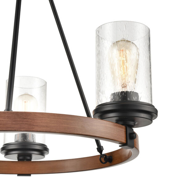 Matte Black And Wood Grain Three-Light Chandelier With Seedy Glass, image 2