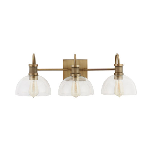 Aged Brass Three-Light Bath Vanity with Clear Glass, image 1