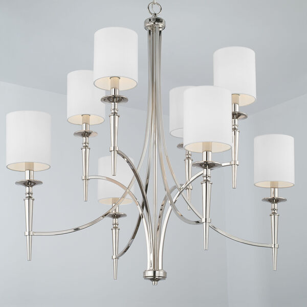 Abbie Polished Nickel and White Eight-Light Chandelier with White Fabric Stay Straight Shades, image 4