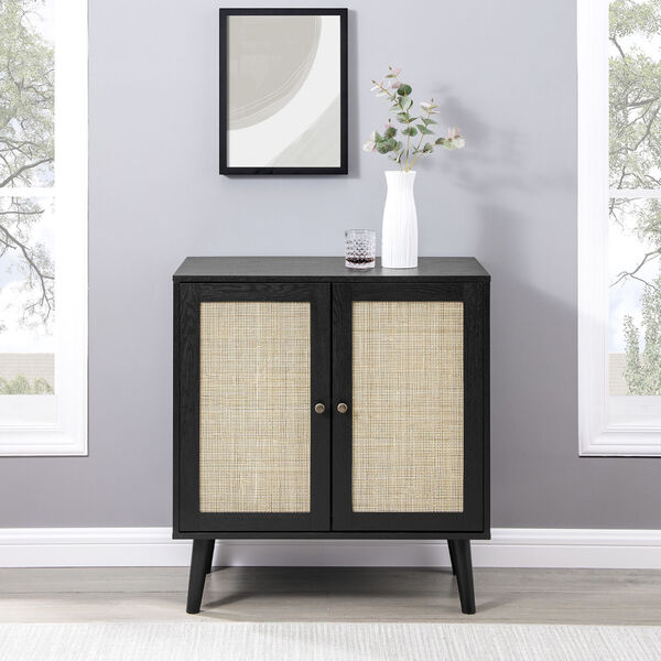 Black Solid Wood and Rattan Accent Cabinet with Two Doors, image 3