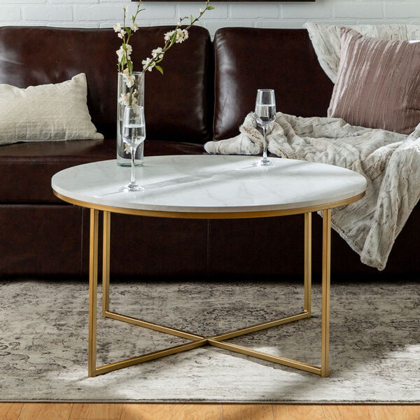 36-Inch Coffee Table with X-Base - Marble/Gold, image 1