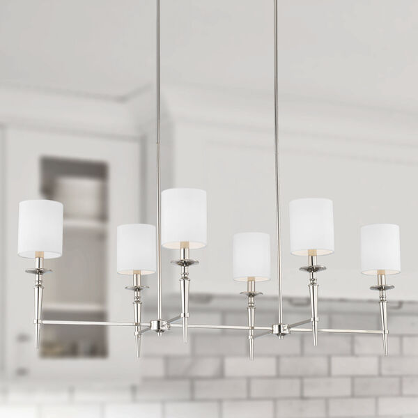 Abbie Polished Nickel and White Six-Light Island Chandelier with White Fabric Stay Straight Shades, image 2
