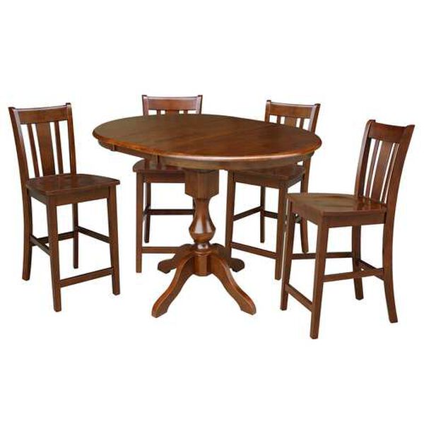 Espresso Round Counter Height Dining Table with 12-Inch Leaf and Stools, 5-Piece, image 1