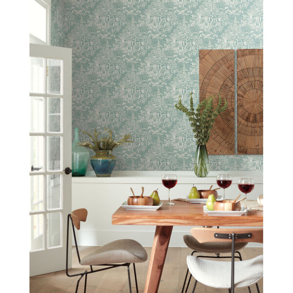 Ronald Redding Tea Garden Blue and Green Chinoiserie Wallpaper, image 4