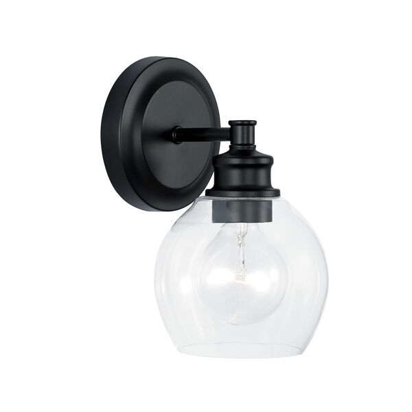 Mid Century Matte Black One-Light Wall Sconce with Clear Glass Shade, image 1