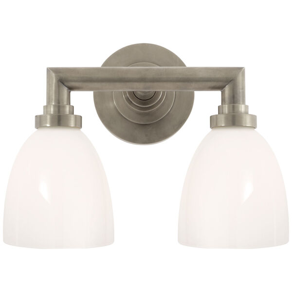 Wilton Double Bath Light in Antique Nickel with White Glass by Chapman and Myers, image 1