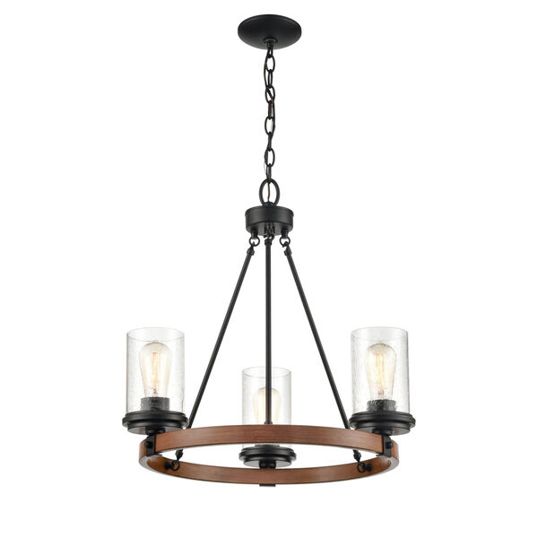 Matte Black And Wood Grain Three-Light Chandelier With Seedy Glass, image 1