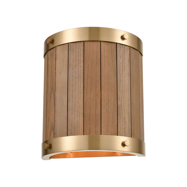 Wooden Barrel Satin Brass and Medium Oak Two-Light Wall Sconce, image 1
