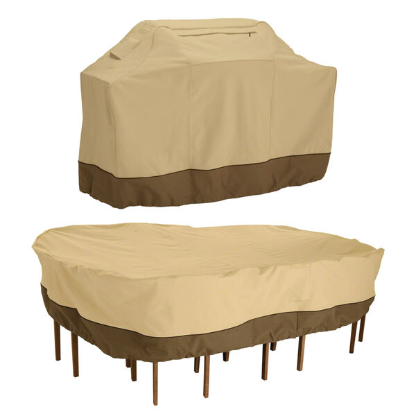 Ash Beige and Brown 64-Inch BBQ Grill Cover and 108-Inch Rectangular Oval Patio Table and Chair Set Cover, image 1