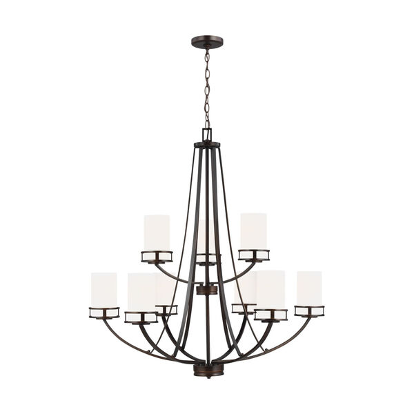 Robie Bronze Nine-Light Chandelier with Etched White Inside Shade, image 1
