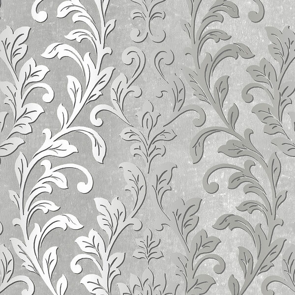 Silver Leaf Damask Black and Grey Wallpaper, image 1