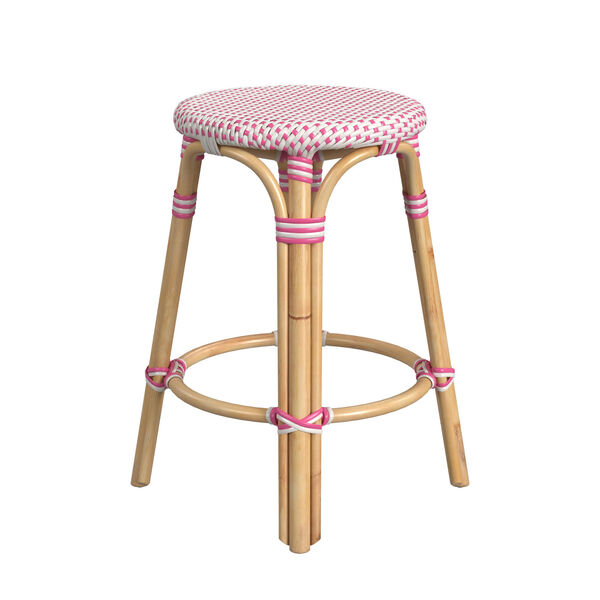 Tobias White and Pink Dot on Natural Rattan Counter Stool, image 4