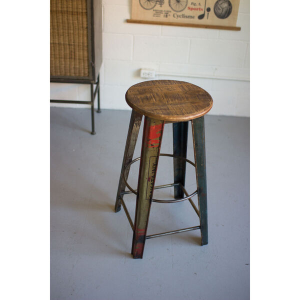 Recycled Metal Bar Stool with Wooden Top, image 1