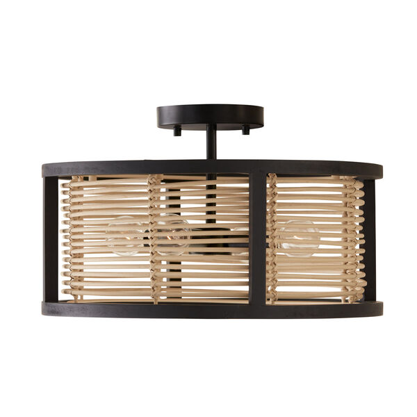Rico Flat Black Four-Light Semi-Flush or Pendant Made with Handcrafted Mango Wood and Rattan, image 1
