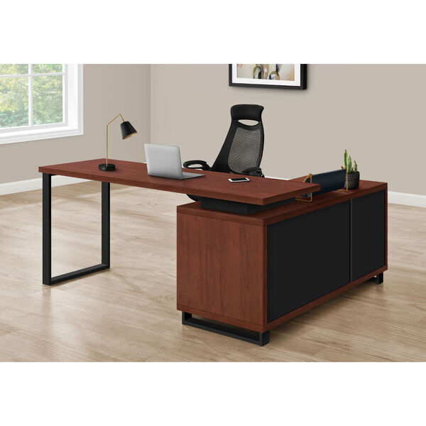 Cherry and Black Computer Desk with Drawers and Shelves, image 3