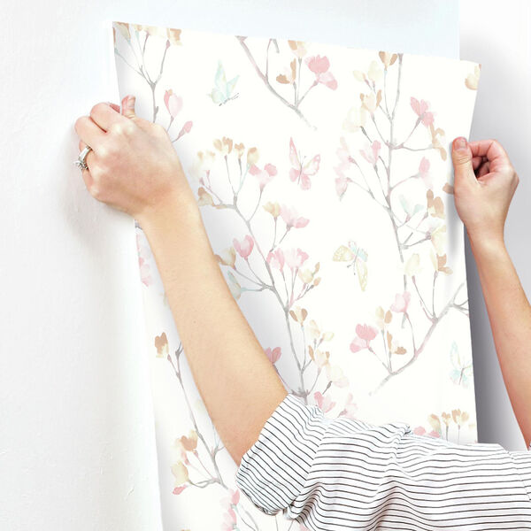 A Perfect World Peach and Aqua Watercolor Branch Wallpaper - SAMPLE SWATCH ONLY, image 3