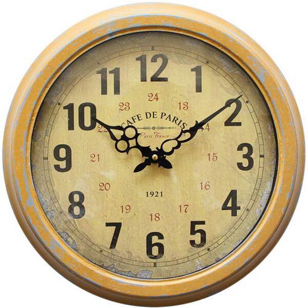 Yellow and Gold 16-Inch Wall Clock with Distressed Iron Frame, image 1