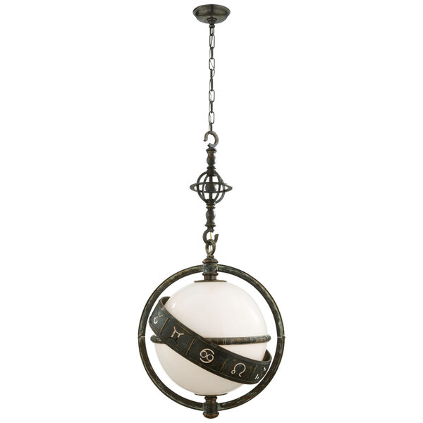 Zodiac Lantern in Bronze with Verdigris Highlights with White Glass by Chapman and Myers, image 1