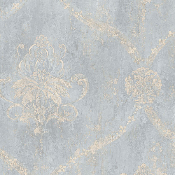 Regal Damask Blue and Beige Wallpaper - SAMPLE SWATCH ONLY, image 1