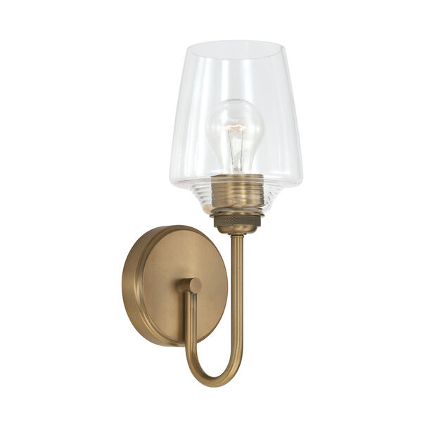 Miller Aged Brass One-Light Wall Sconce with Clear Ribbed Glass, image 1