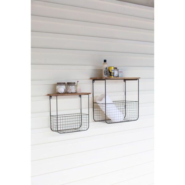 Brown and Metal Wire Basket Shelves With Recycled Wood Tops, Set of Two, image 1