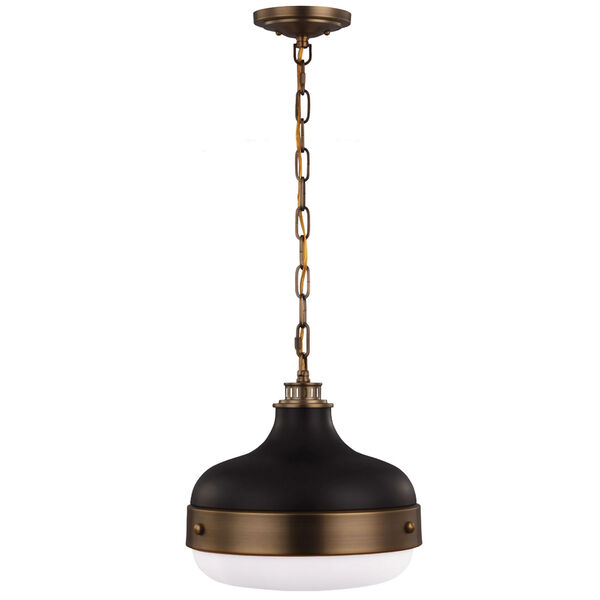 Cadence Dark Antique Brass and Matte Black Two-Light Pendant with White Opal Etched Glass, image 1