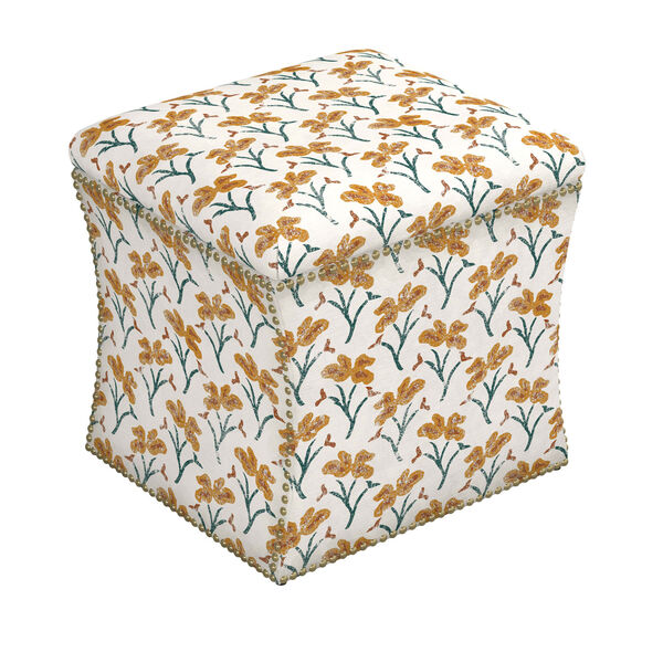 Vanves Floral Ochre Teal 19-Inch Button Storage Ottoman, image 1