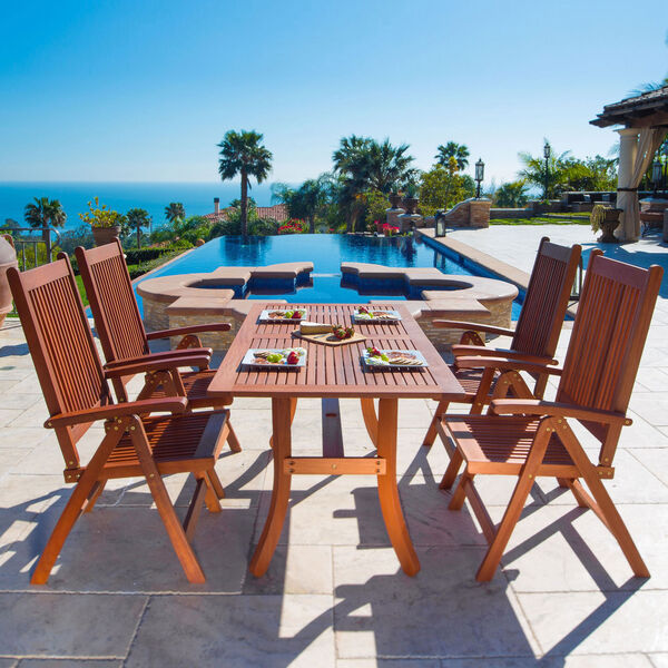 Malibu Outdoor 5-piece Wood Patio Dining Set with Curvy Leg Table and Reclining Chairs, image 2