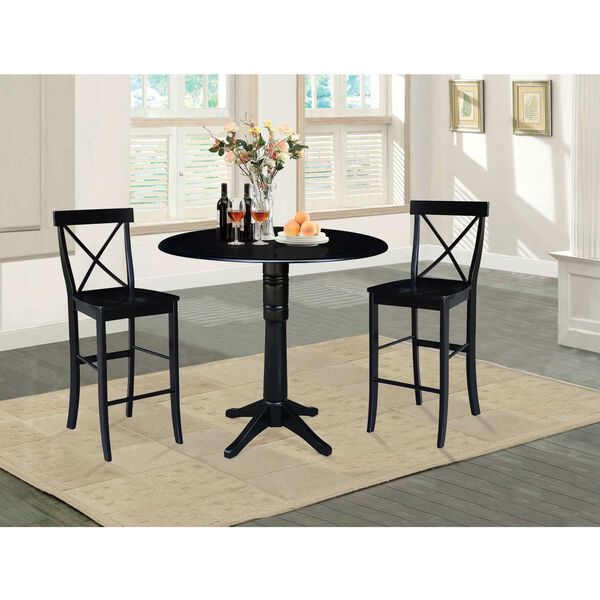 Black Round Top Pedestal Bar Height Table with X-Back Stools, 3-Piece, image 3
