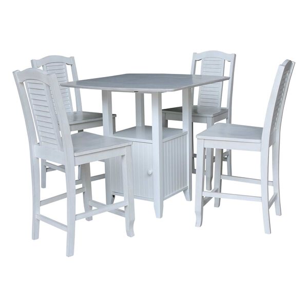 Dual Drop Leaf Antiqued White Chalk Bistro Table with Storage and Four Counter Height Stools, image 1