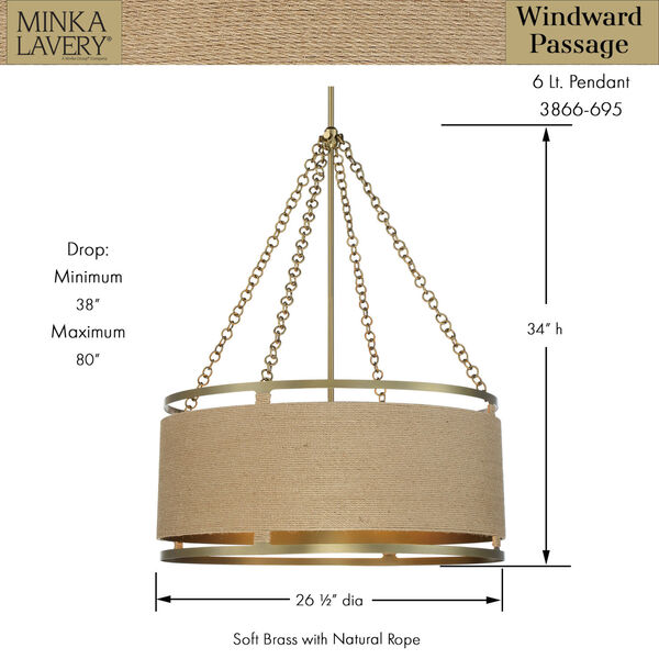 Windward Passage Rope Wrapped Soft Brass Six-Light Pendant, image 3