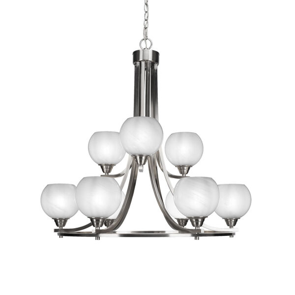 Paramount Brushed Nickel 31-Inch Nine-Light Chandelier with White Marble Glass Shade, image 1